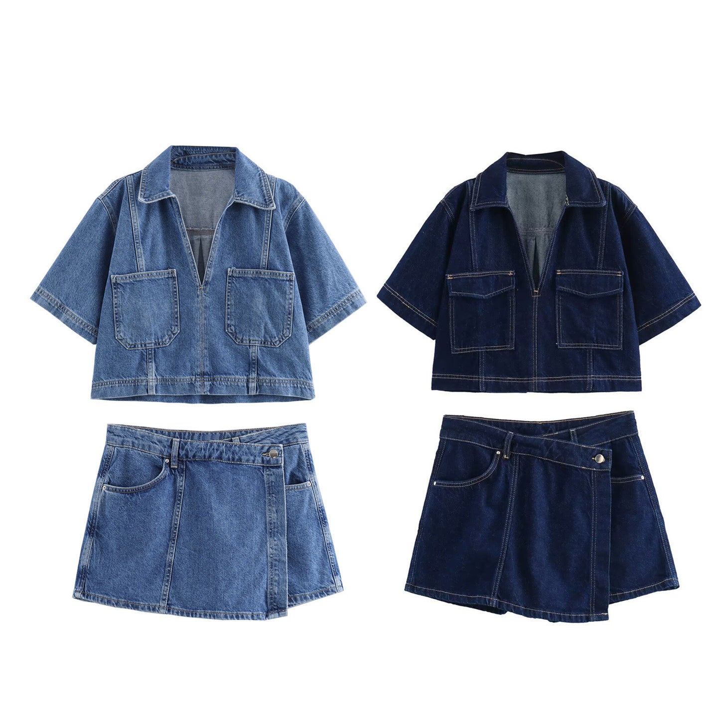 Short Shirt Double Breasted Culottes Denim Suit Women