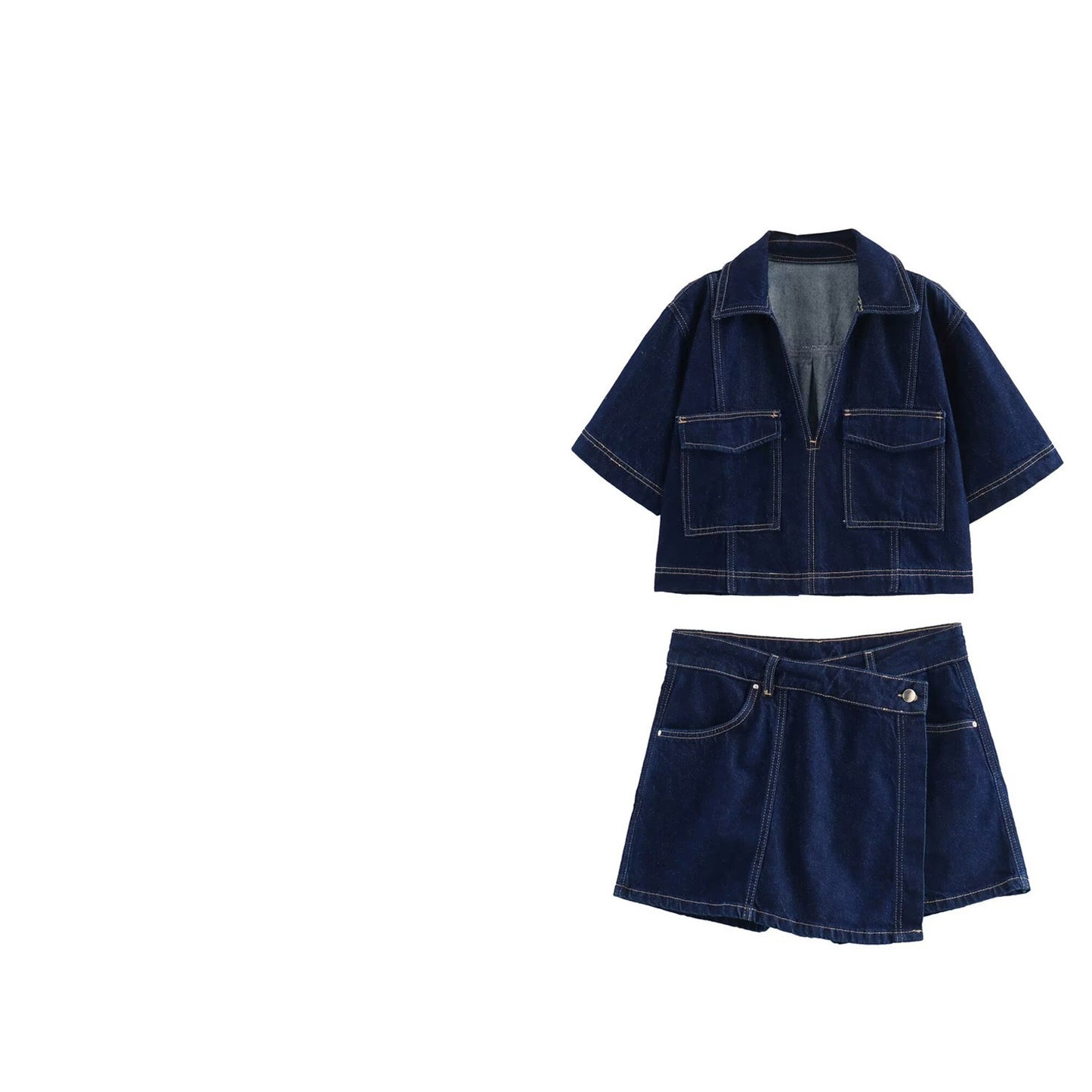 Short Shirt Double Breasted Culottes Denim Suit Women