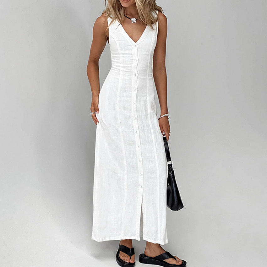 Women's Commuter White Waisted Temperament Straight Split V-neck Cotton And Linen Dress