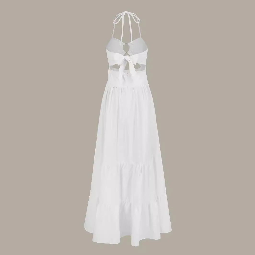 Solid Color White Sleeveless Midriff Outfit Halter Tied Dress