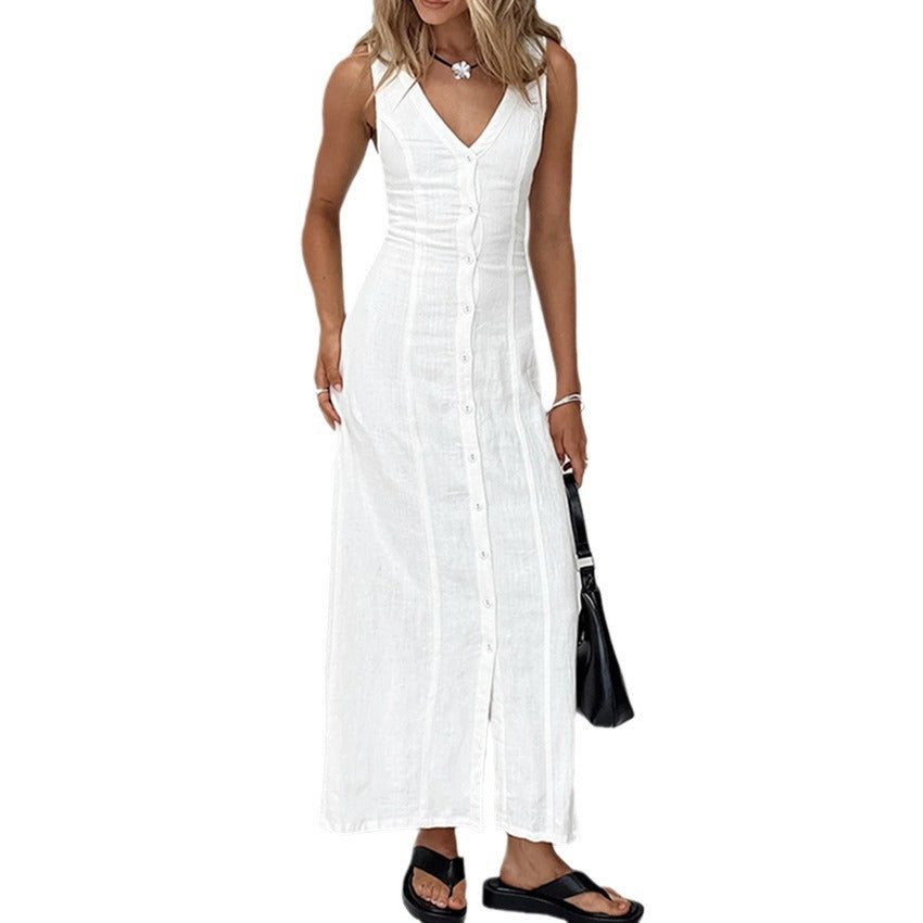 Women's Commuter White Waisted Temperament Straight Split V-neck Cotton And Linen Dress