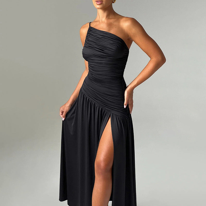 Sling Shoulder Pleated Split A- Line Dress