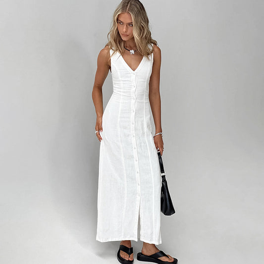 Women's Commuter White Waisted Temperament Straight Split V-neck Cotton And Linen Dress