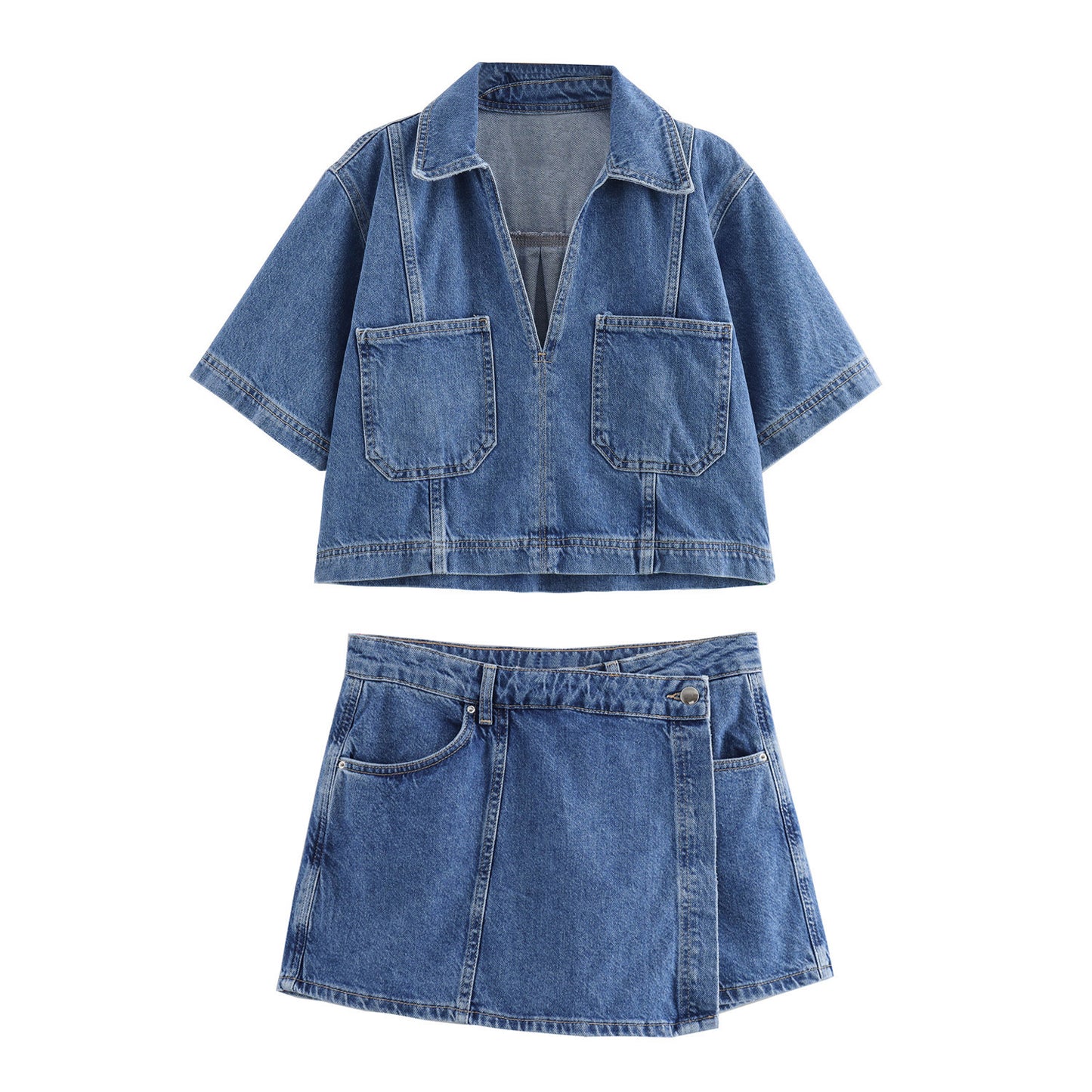 Short Shirt Double Breasted Culottes Denim Suit Women